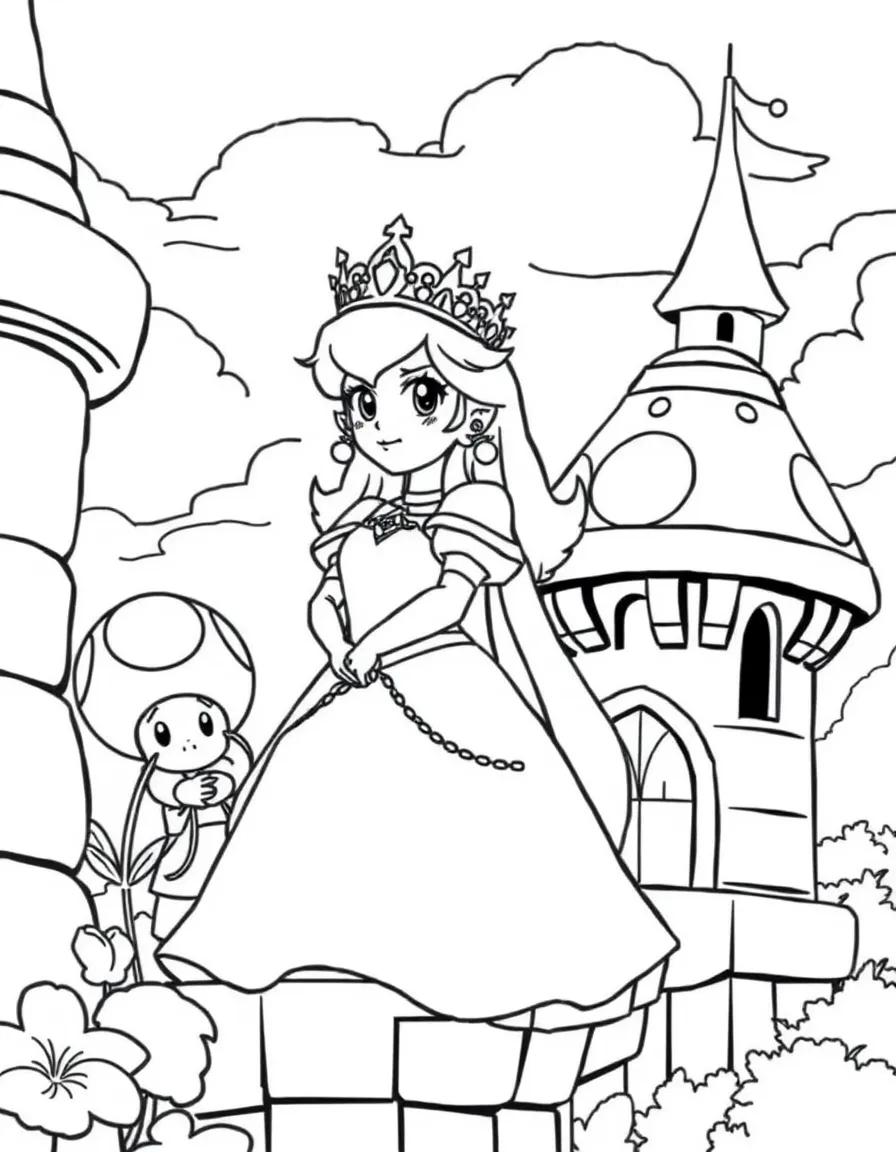 Princess Peach in her castle with Toad attendants