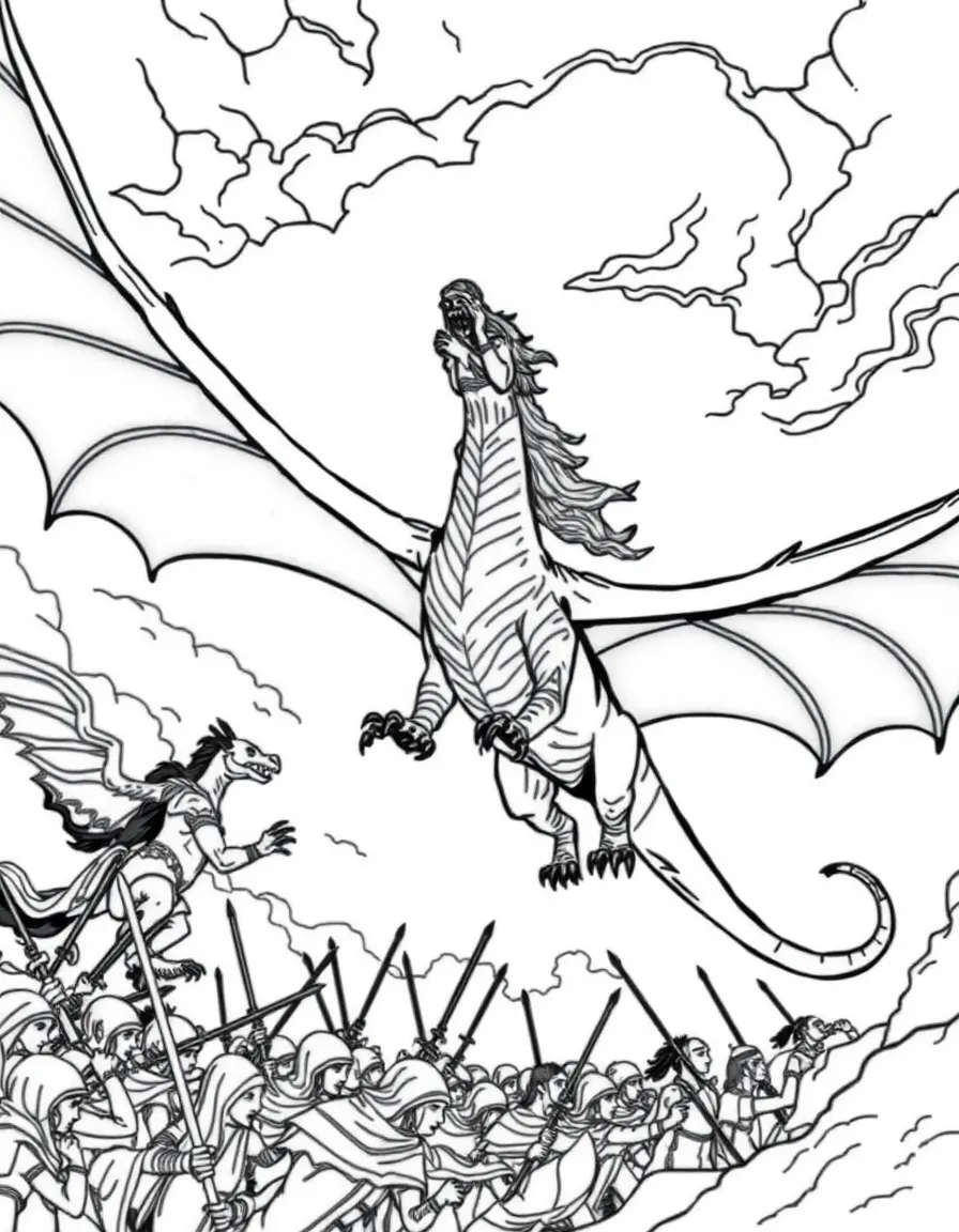 Daenerys and her dragons soaring above a Dothraki horde