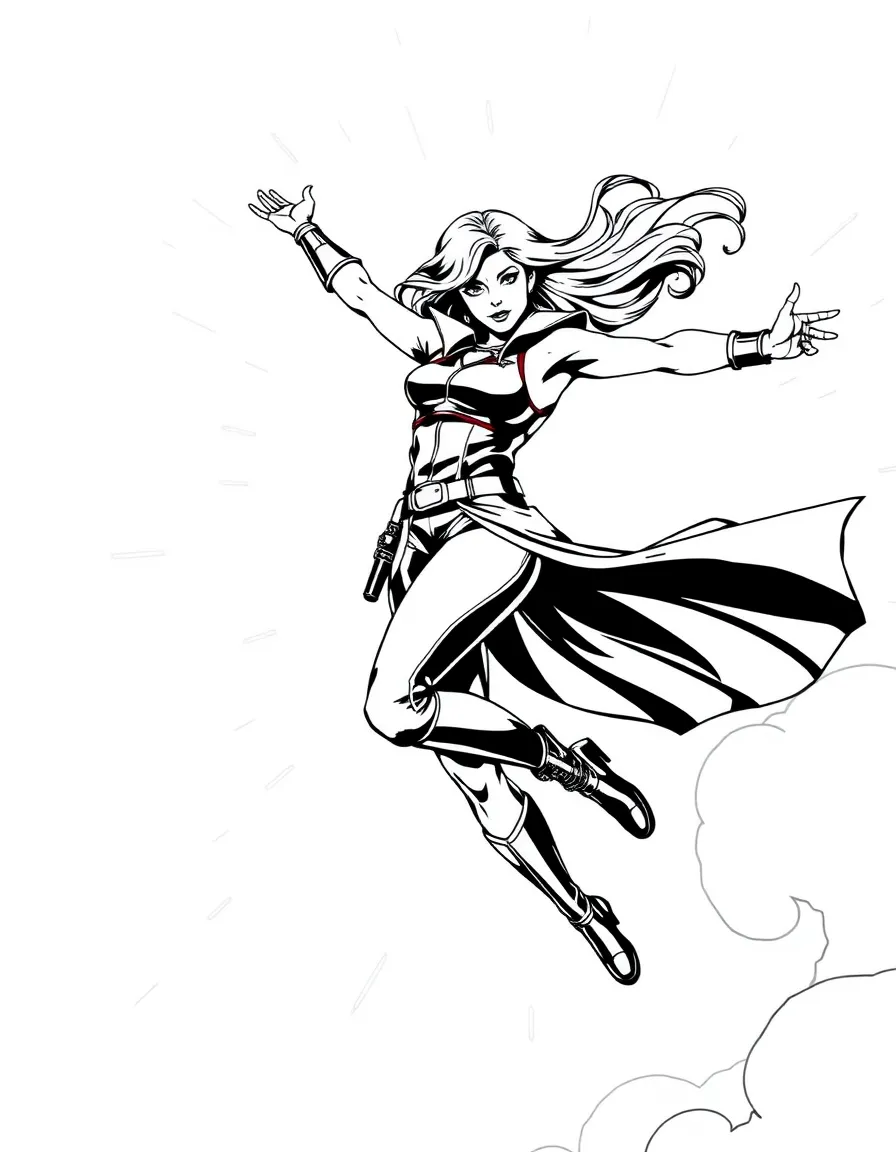 Trinity in mid-air kick with her leather outfit