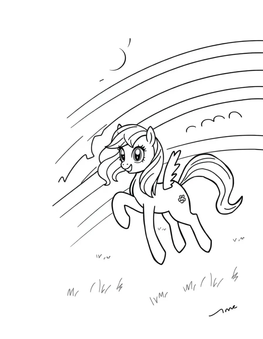 My Little Pony characters galloping across a rainbow