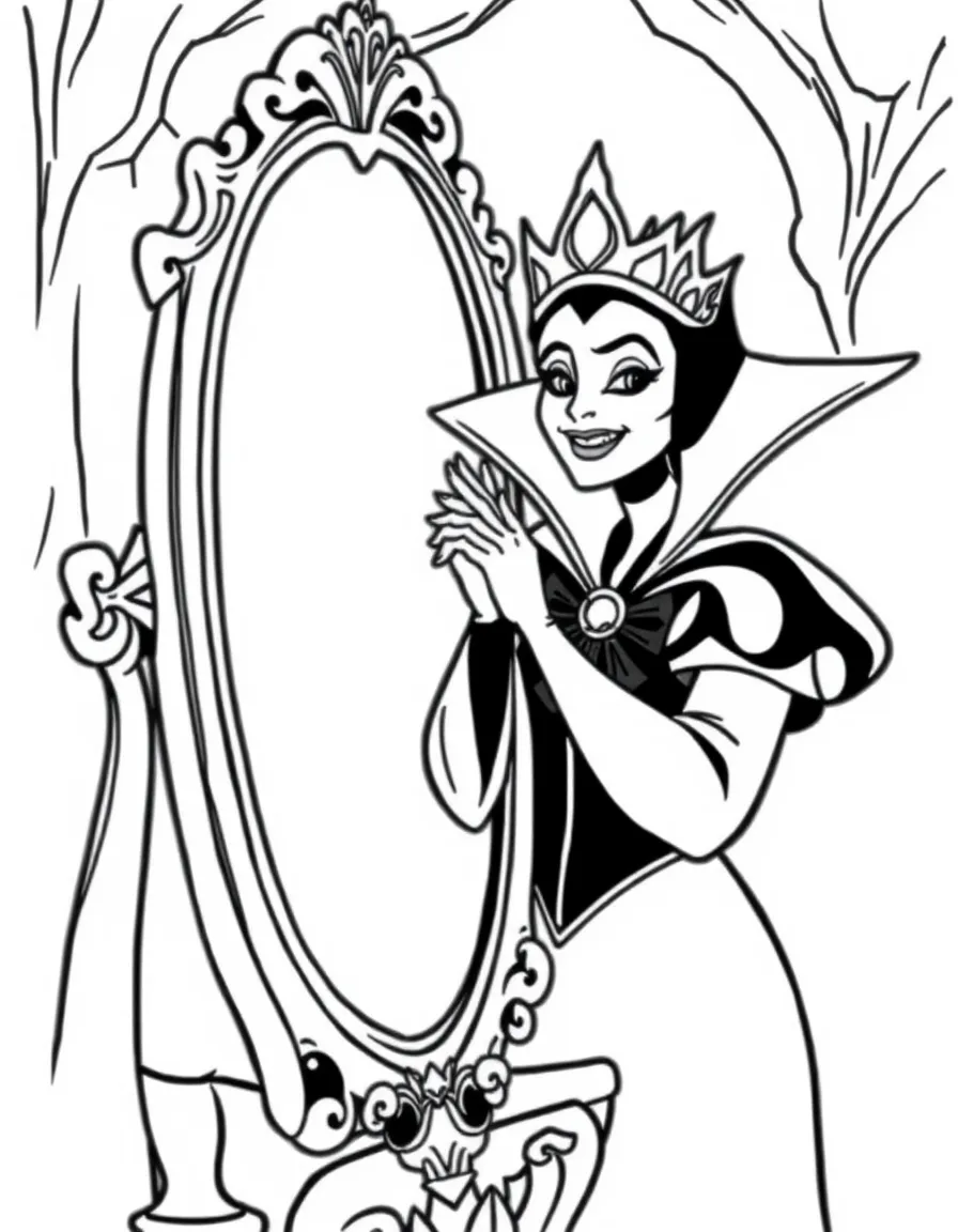 The Evil Queen from Snow White consulting her magic mirror