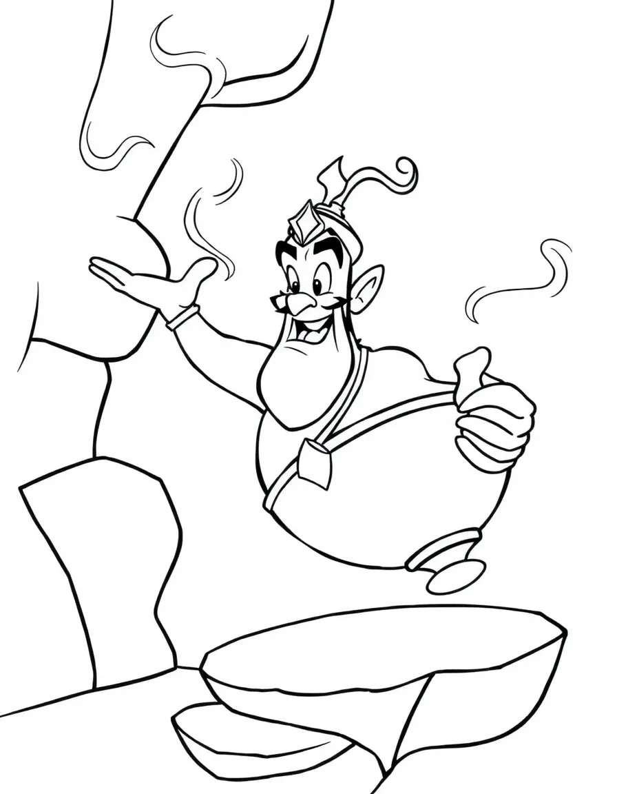Genie from Aladdin emerging from his lamp with magical flair