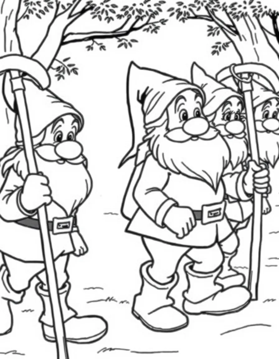The Seven Dwarfs from Snow White marching to work with pickaxes