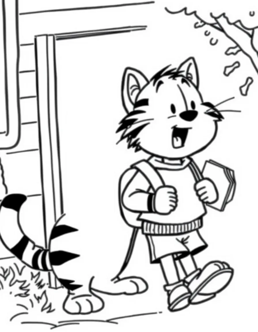 Hobbes pouncing on Calvin as he arrives home from school