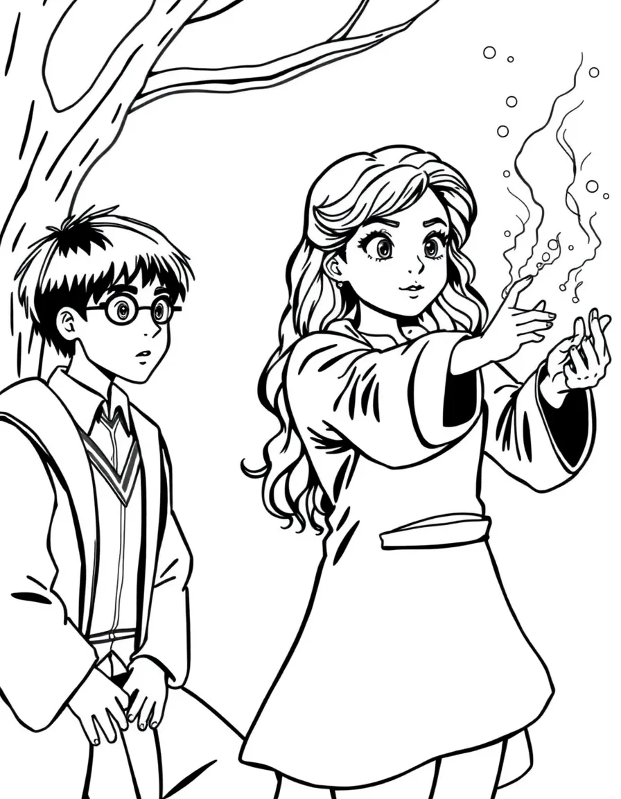 Hermione casting a spell while Harry and Ron look amazed