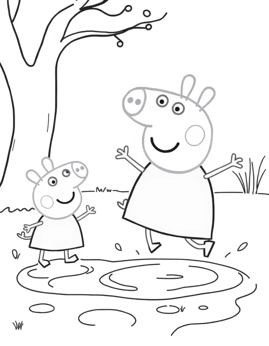 Peppa Pig jumping in muddy puddles with her family