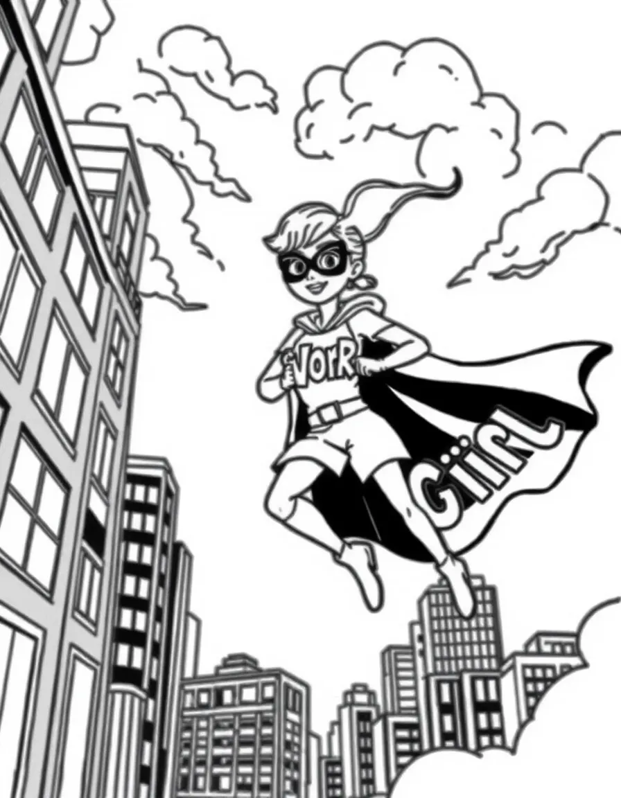 Word Girl flying through the city with her cape and vocabulary