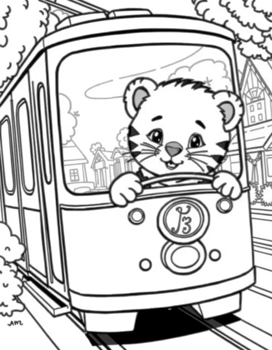 Daniel Tiger riding the trolley through his neighborhood