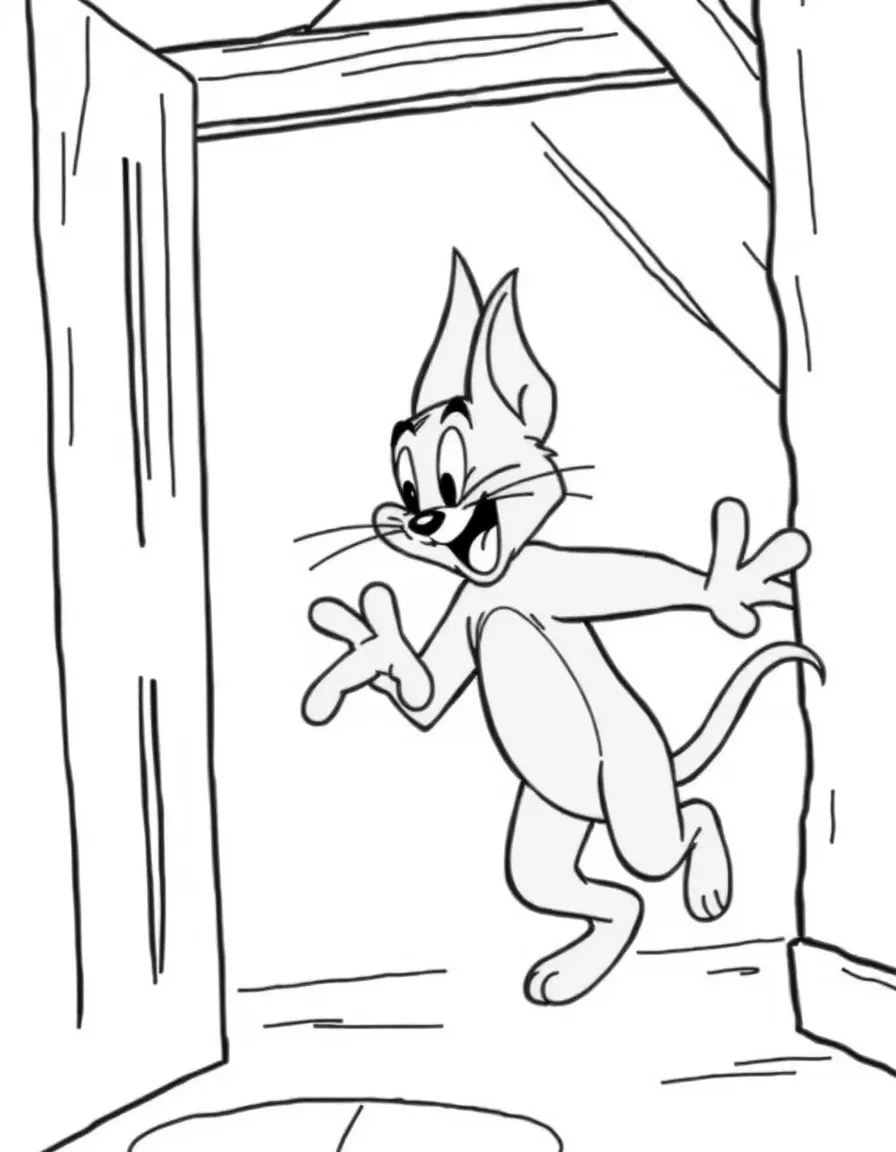 Tom and Jerry in classic chase pose through a house