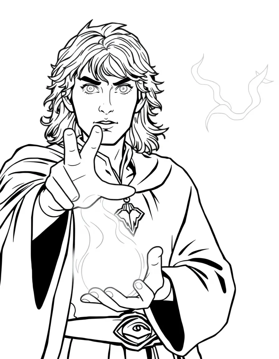 Merlin from BBC series casting a spell with glowing eyes