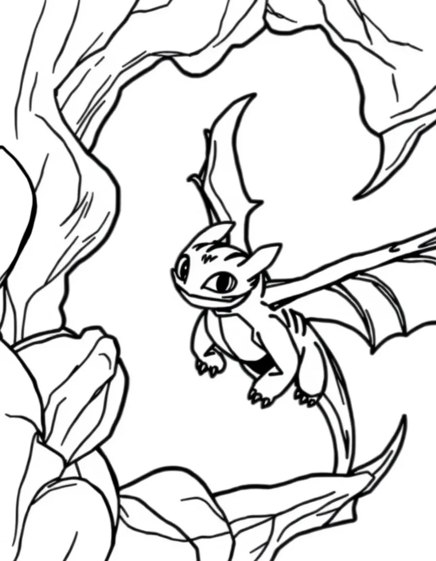 Toothless from How to Train Your Dragon mid-flight