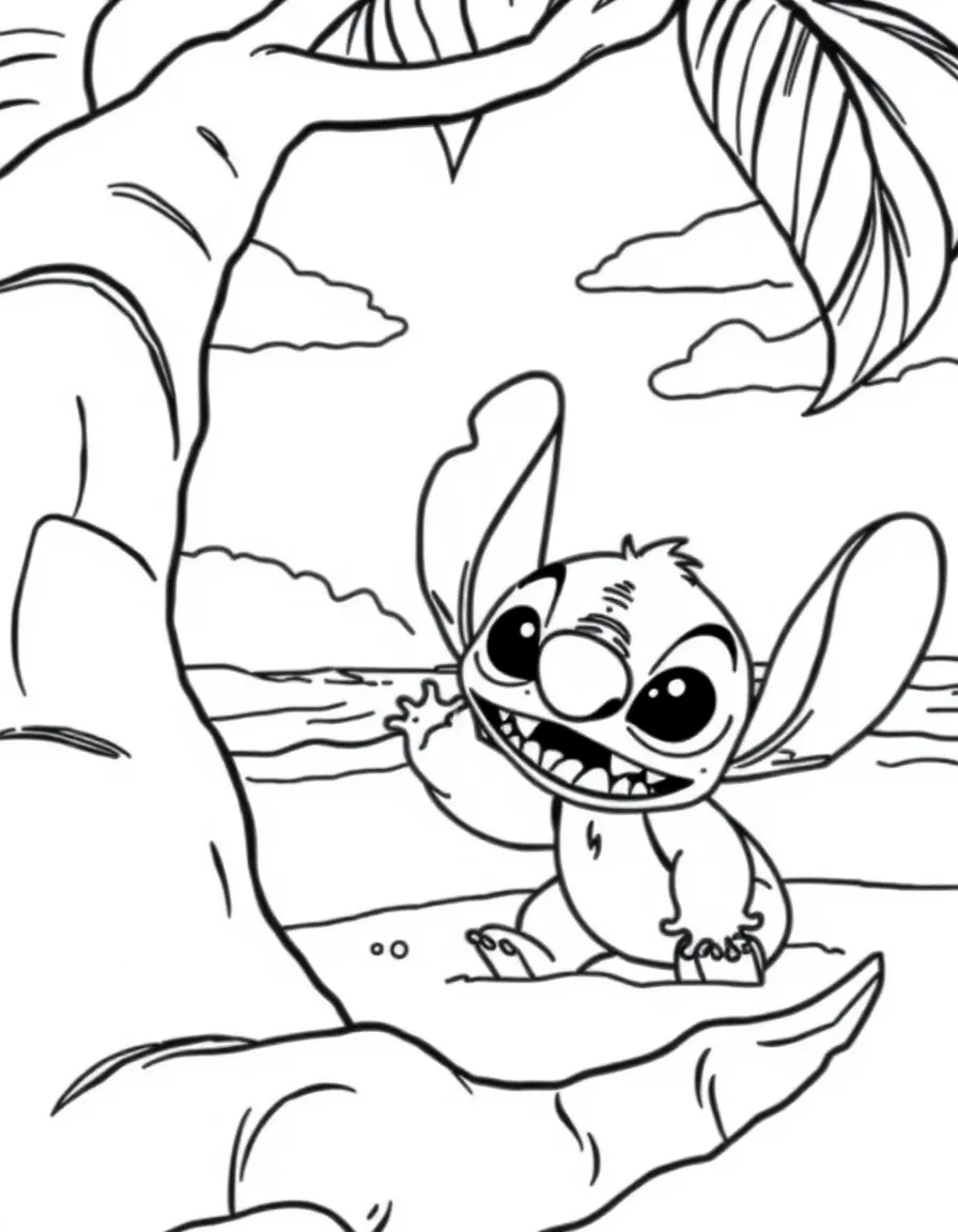 Stitch from Lilo & Stitch causing mischief on the beach