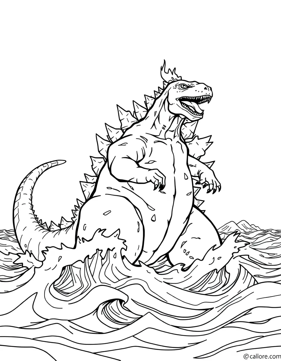 Godzilla emerging from the ocean with atomic breath ready
