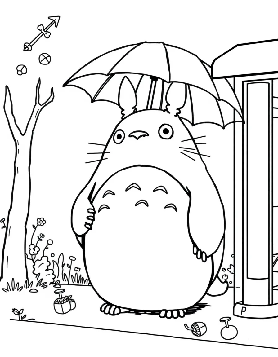 Totoro waiting at the bus stop with umbrella and acorns