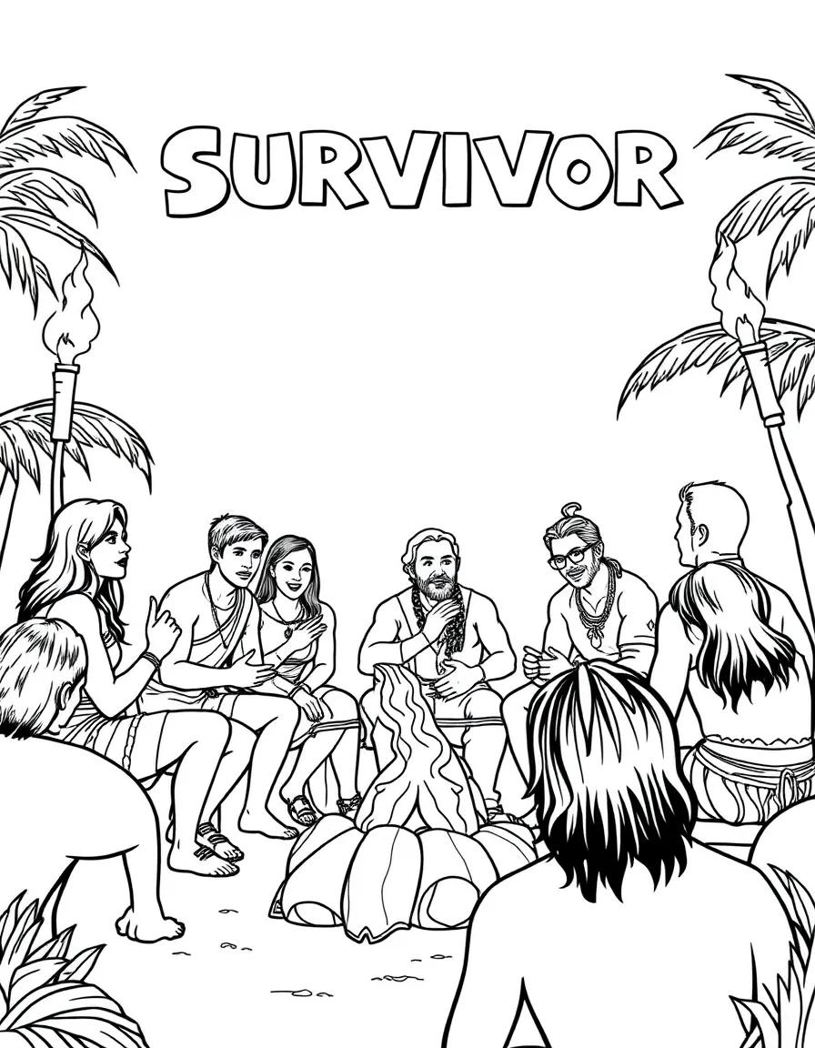 The cast of Survivor at tribal council with torches