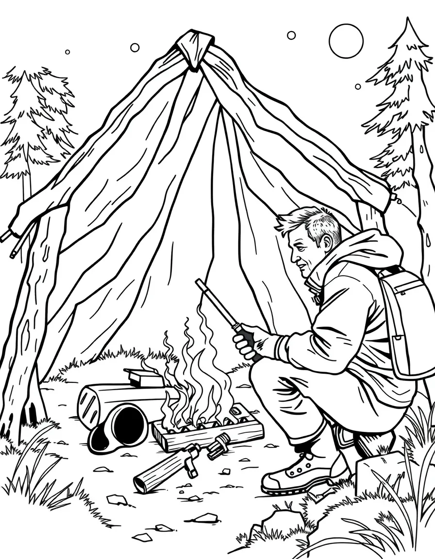 Bear Grylls improvising a shelter in the wilderness