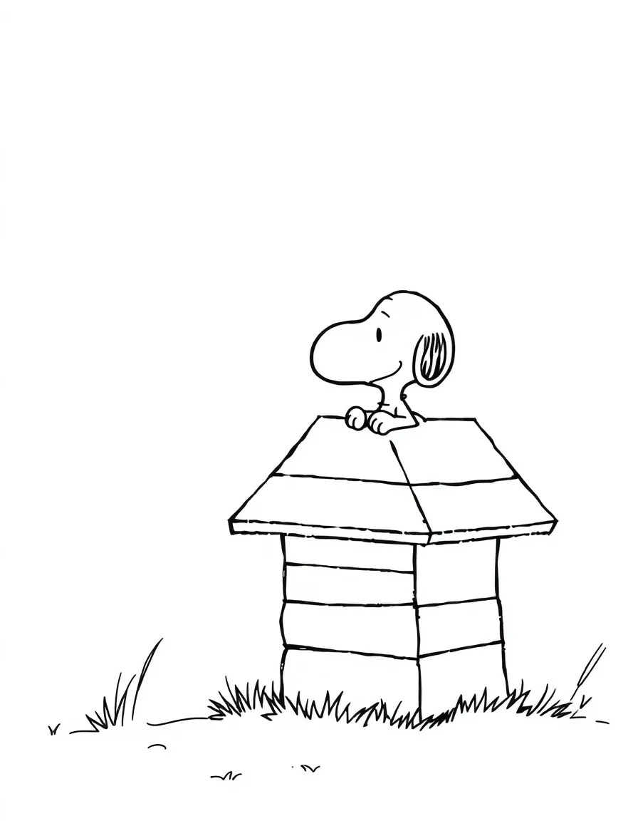 Woodstock perched on Snoopy's doghouse typing