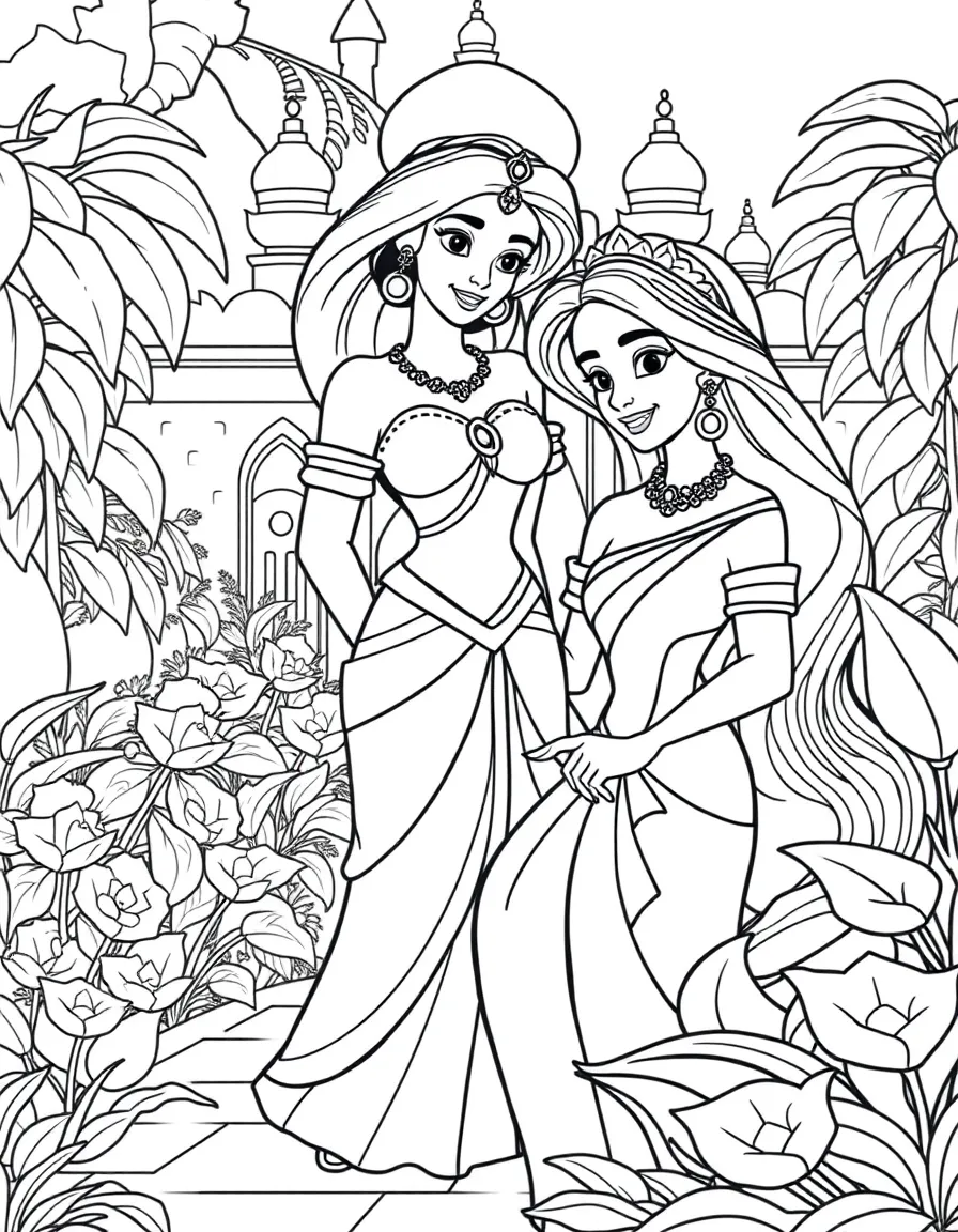 Princess Jasmine with Rajah in the palace gardens