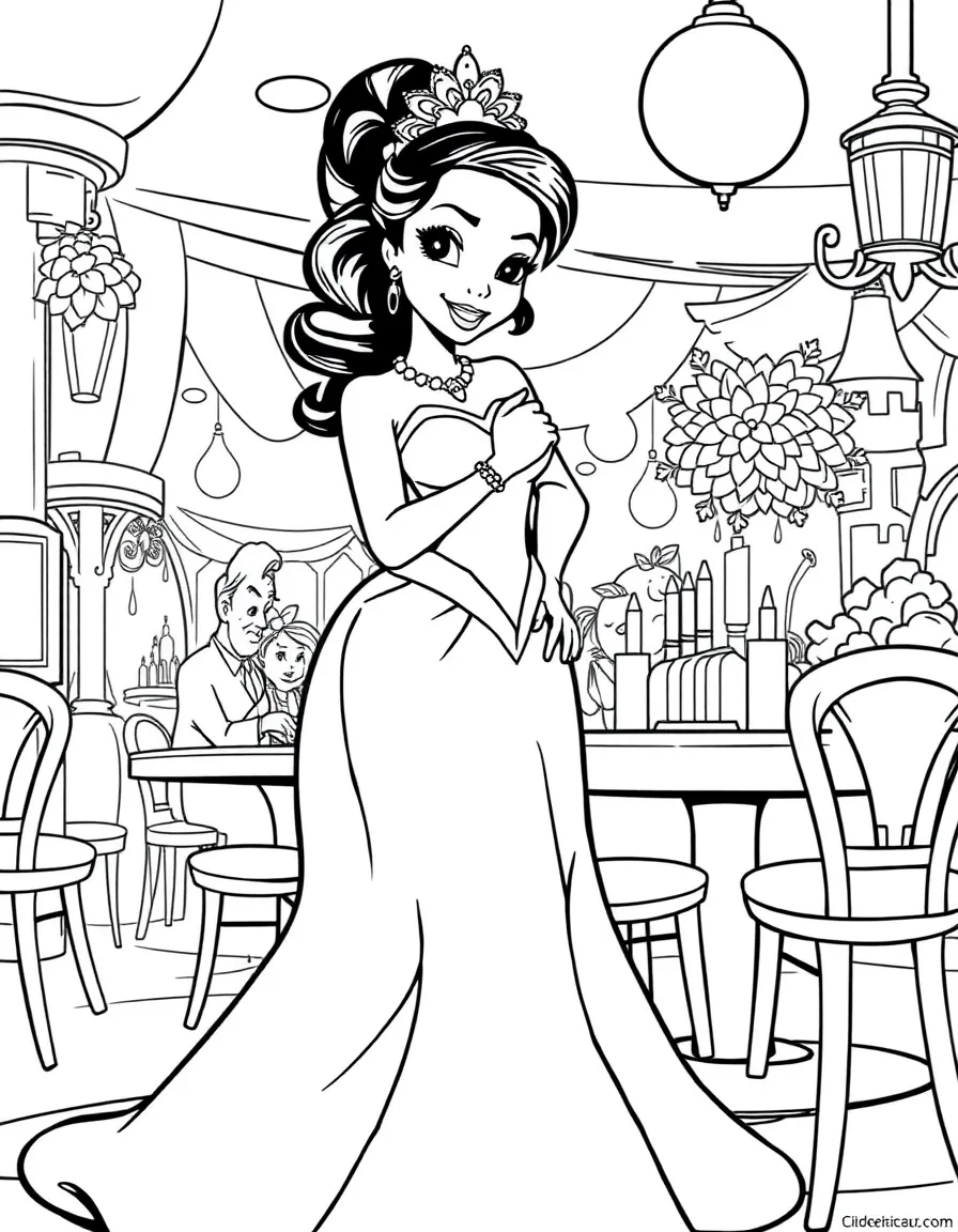 Princess Tiana in her gown at her restaurant opening