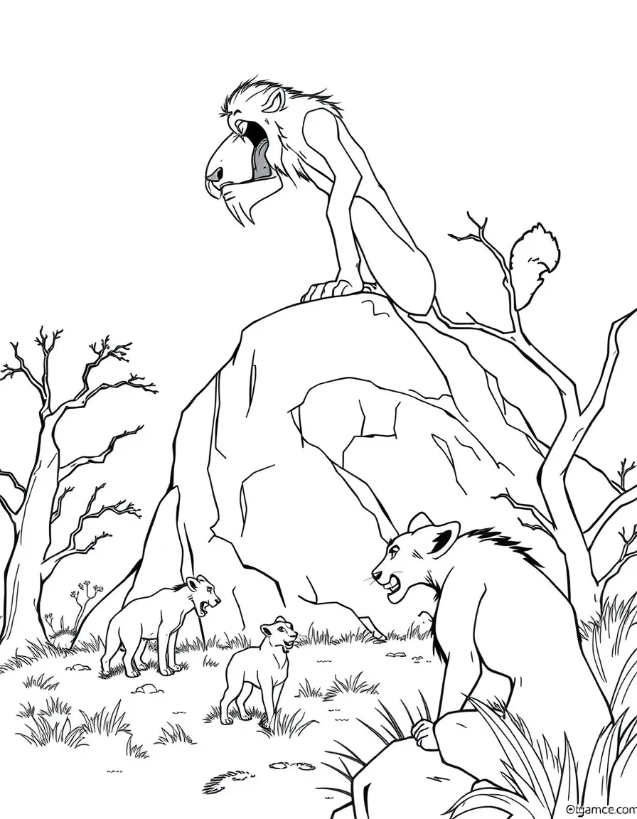 Scar plotting on Pride Rock with hyenas nearby