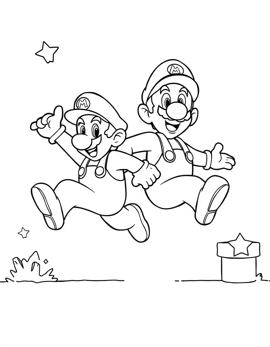 Mario and Luigi jumping together with power-up items