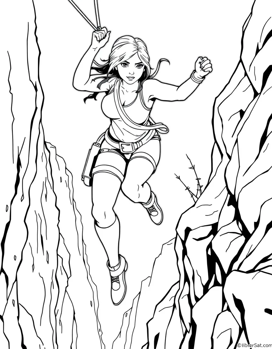 Lara Croft swinging across a chasm with grappling hook