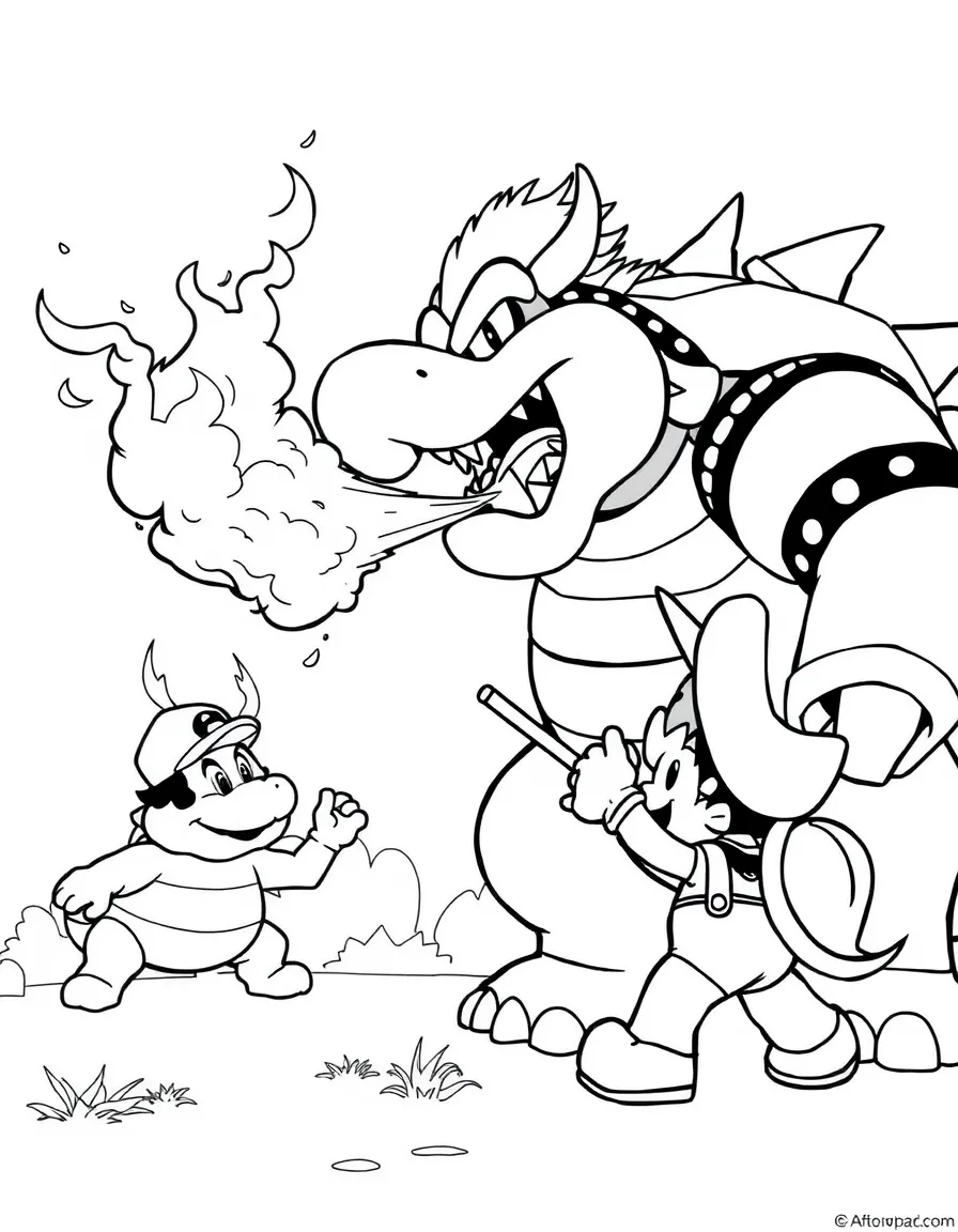Bowser breathing fire at Mario with Koopa Troopas nearby