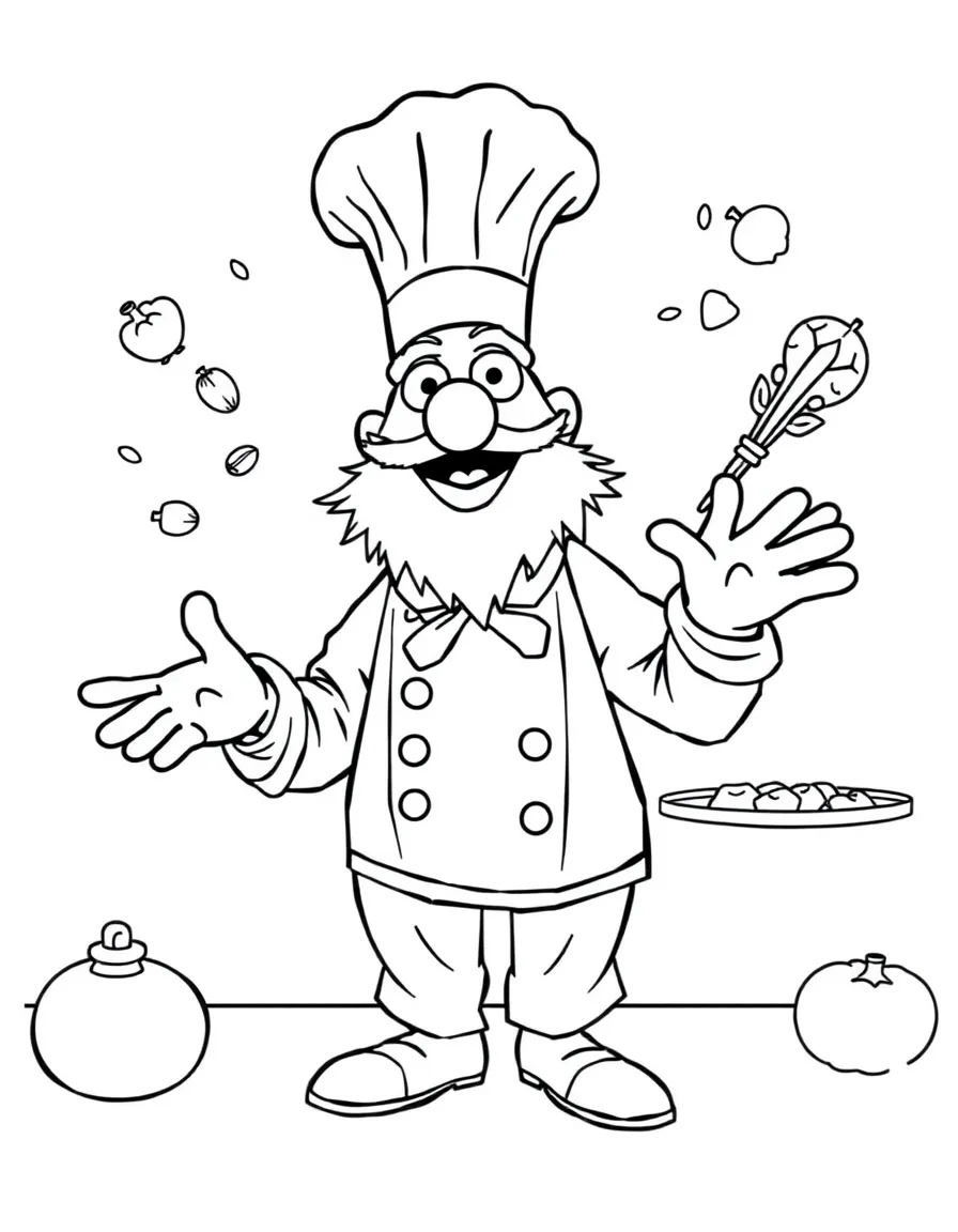 Swedish Chef from The Muppets with flying ingredients
