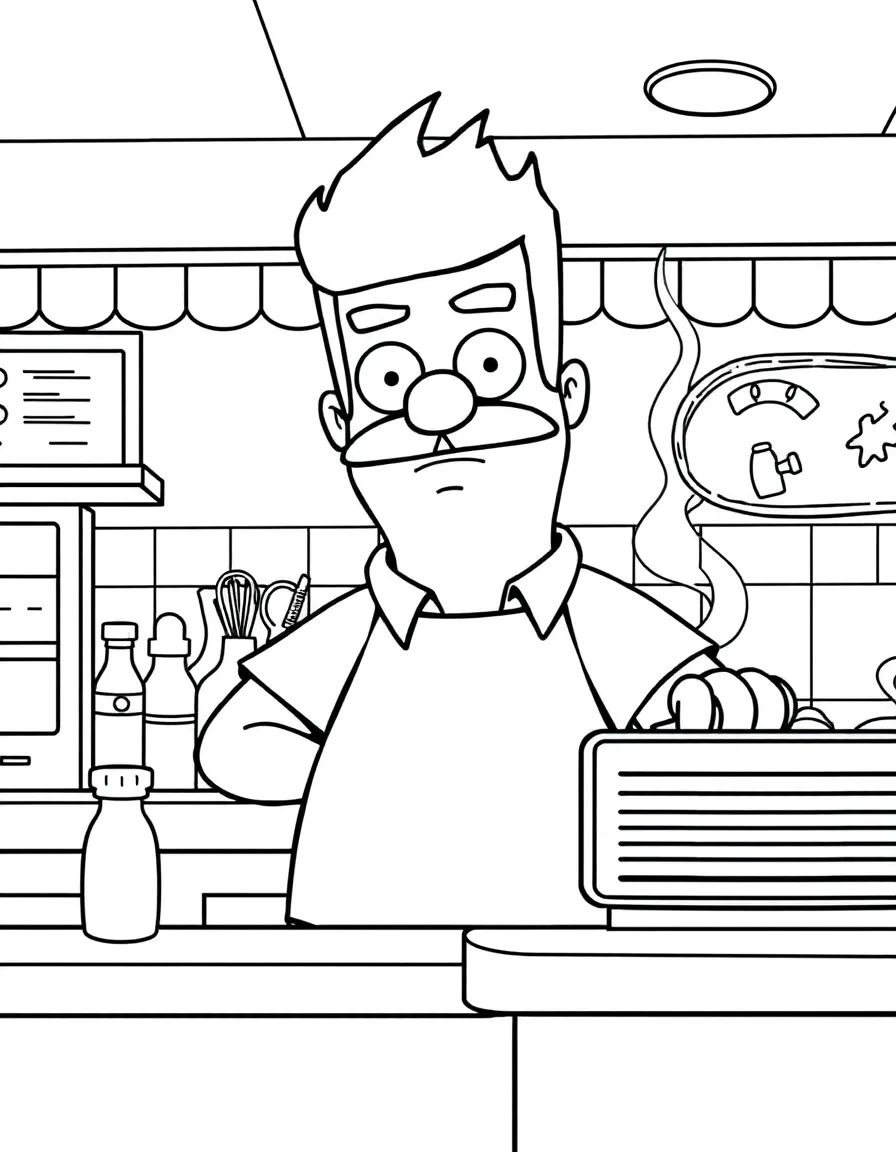 Bob Belcher from Bob's Burgers at his restaurant grill