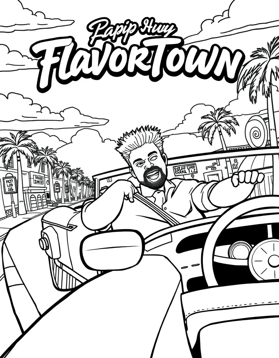 Guy Fieri in his convertible heading to Flavortown
