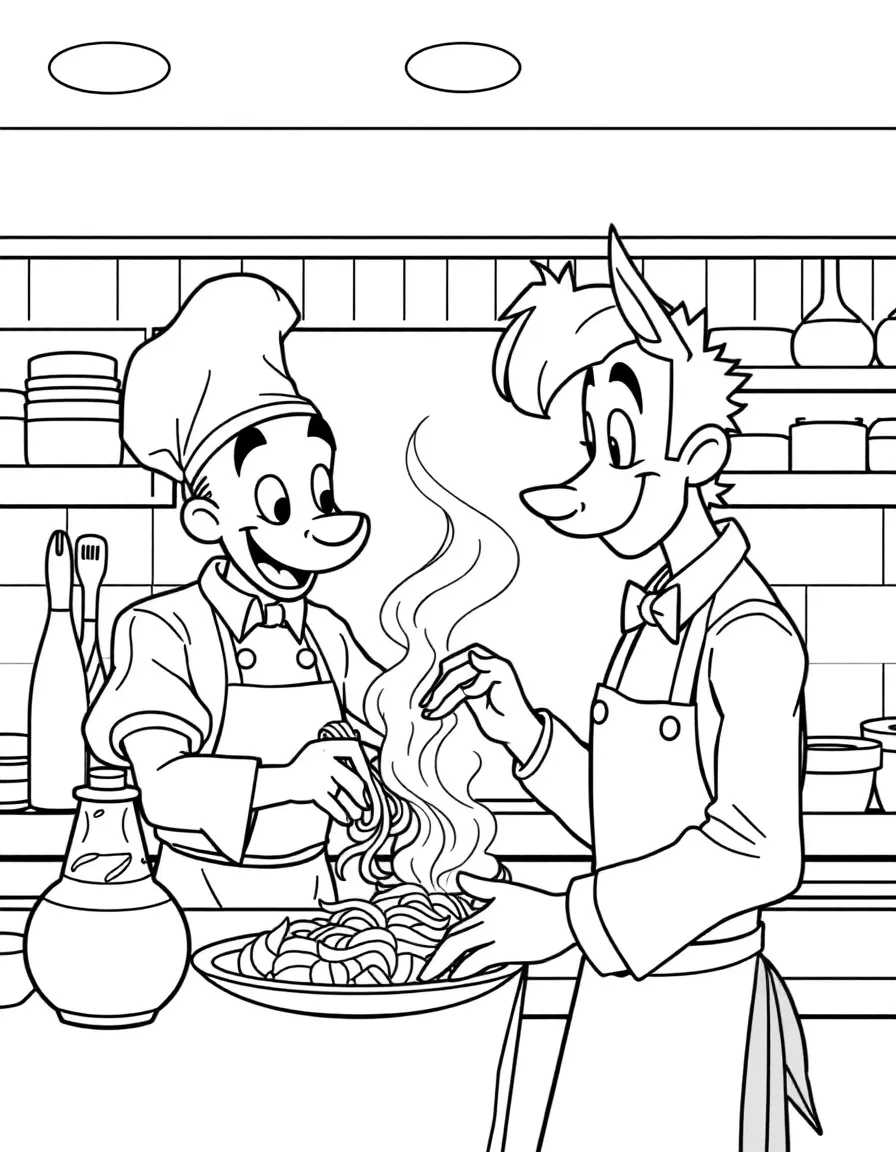 Linguini and Remy working together in the restaurant kitchen