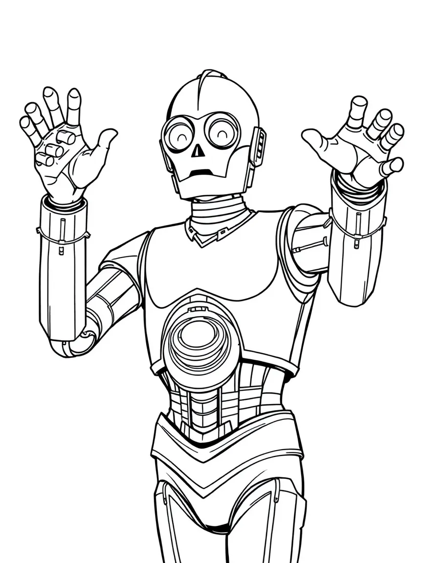 C-3PO in a state of panic with arms raised
