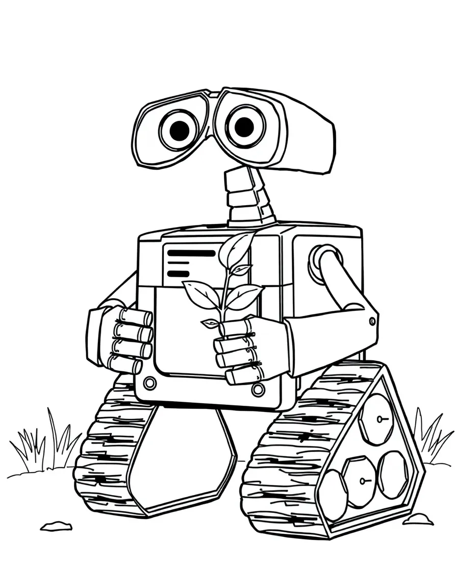 WALL-E holding a plant in his compactor hands