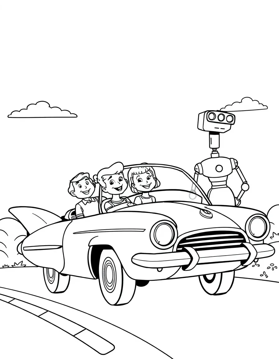 The Jetsons family with their flying car and robot maid