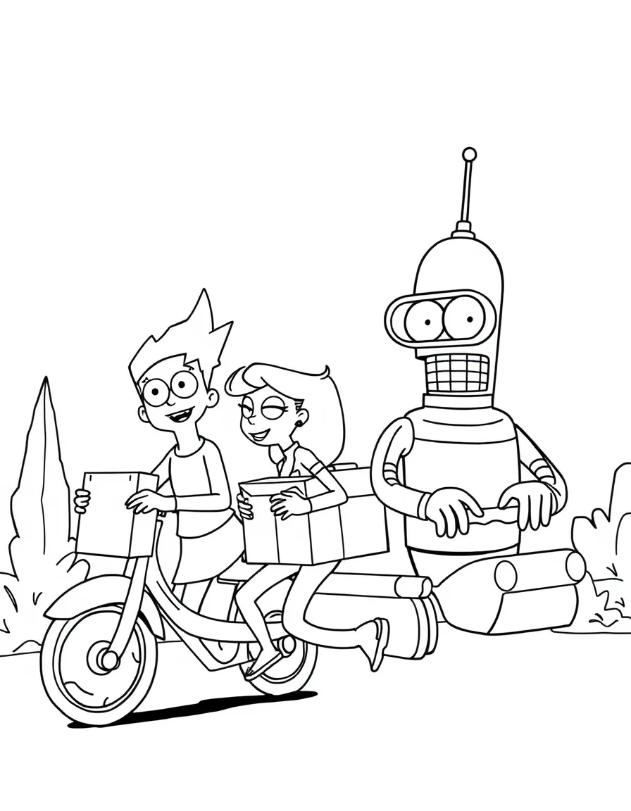 Futurama's Fry, Leela, and Bender on a delivery mission