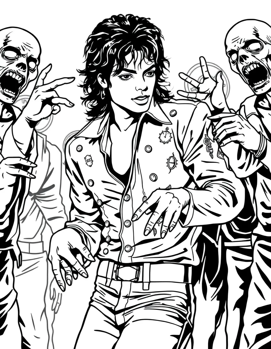 Michael Jackson in his Thriller costume with zombies