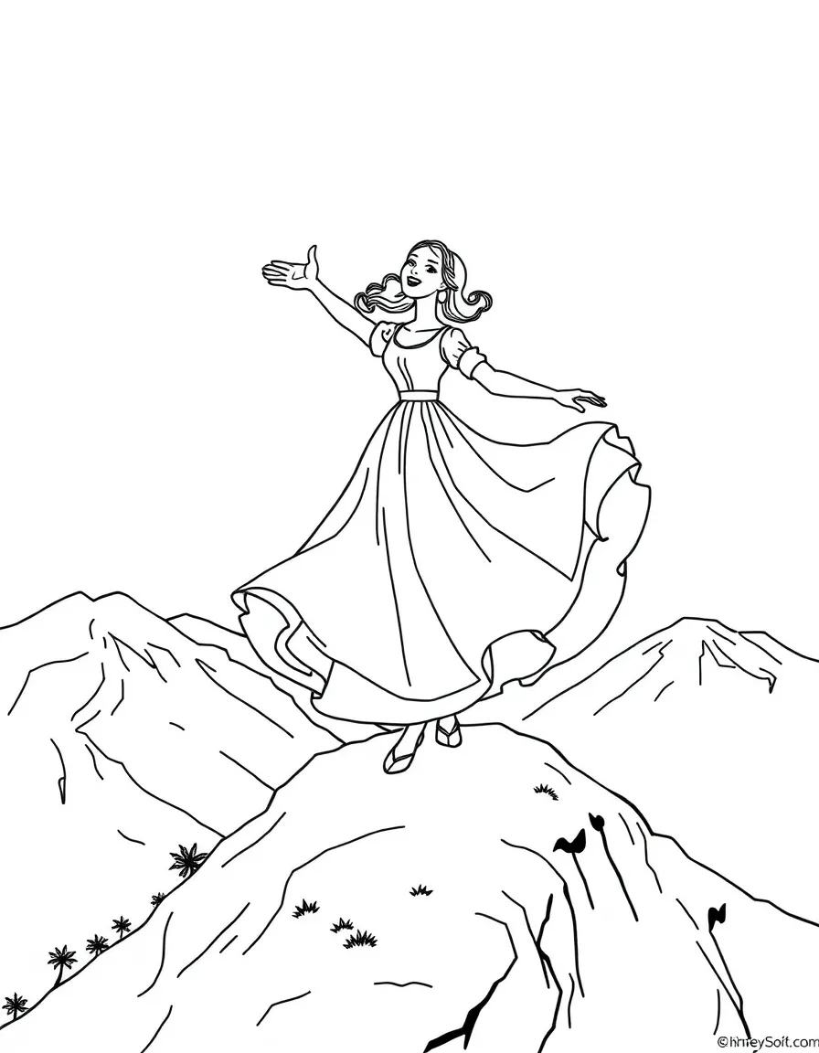 Maria from The Sound of Music spinning on a mountain top