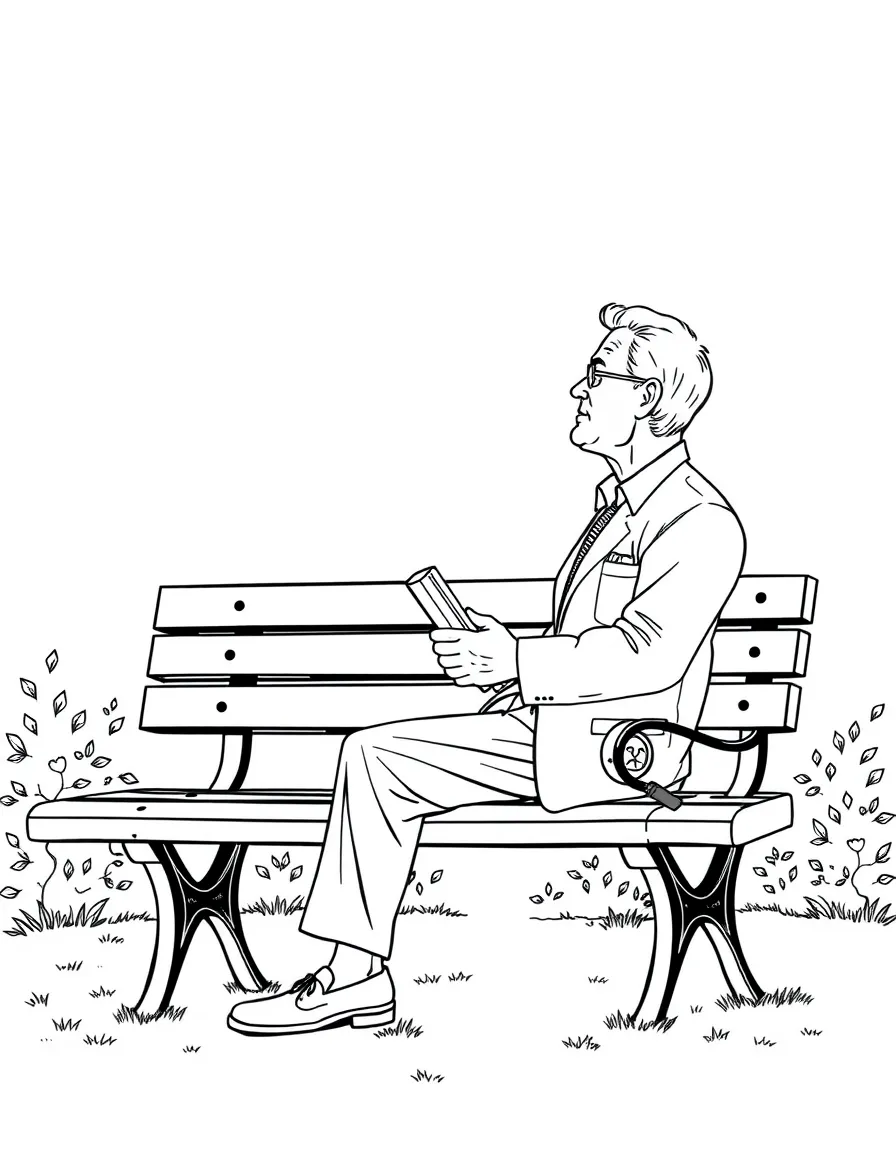 Forrest Gump sitting on his bench with box of chocolates