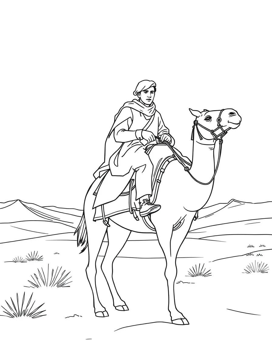 T.E. Lawrence (of Arabia) on camelback in the desert