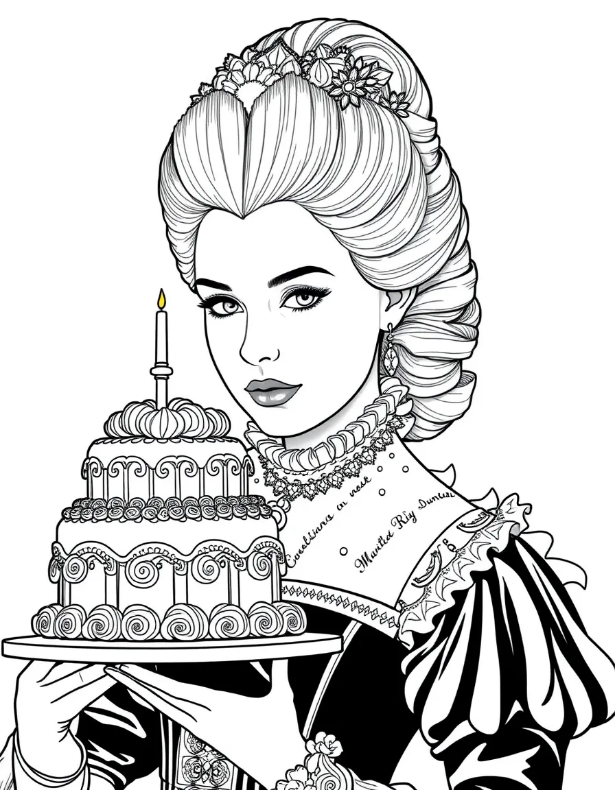 Marie Antoinette (Kirsten Dunst) with elaborate cake and hairstyle