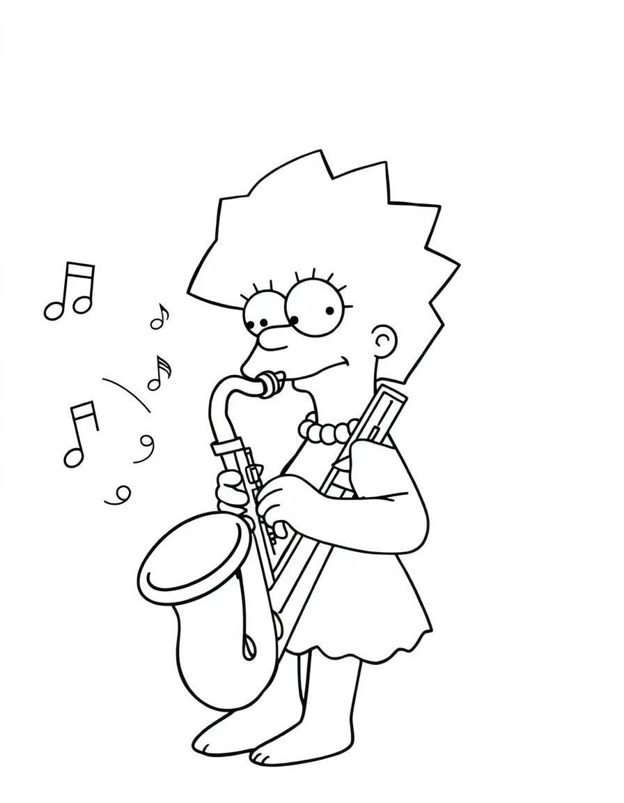 Lisa Simpson playing her saxophone with musical notes flowing