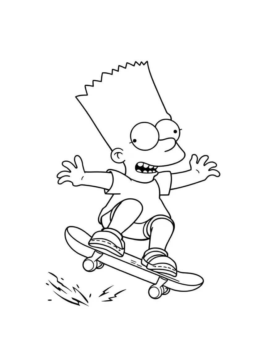 Bart Simpson on his skateboard performing a trick