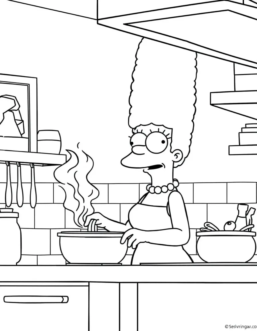 Marge Simpson with her tall blue hair cooking in the kitchen