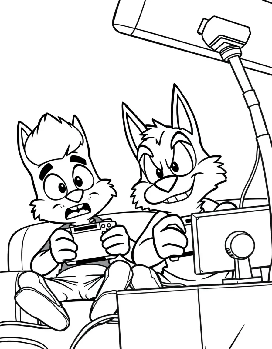 Mordecai and Rigby playing video games with intense focus