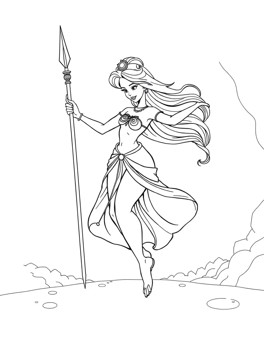 Pearl dancing gracefully with her spear