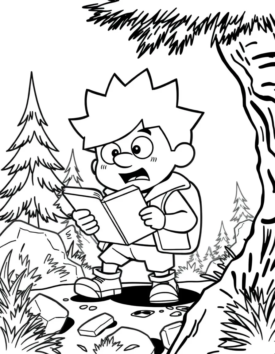 Dipper Pines investigating with his journal and flashlight