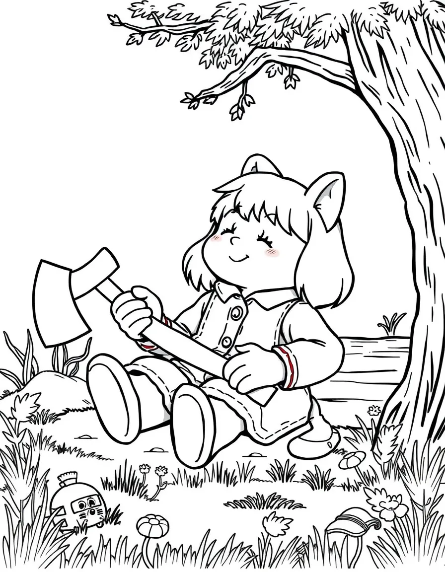 Wendy Corduroy relaxing with her axe nearby