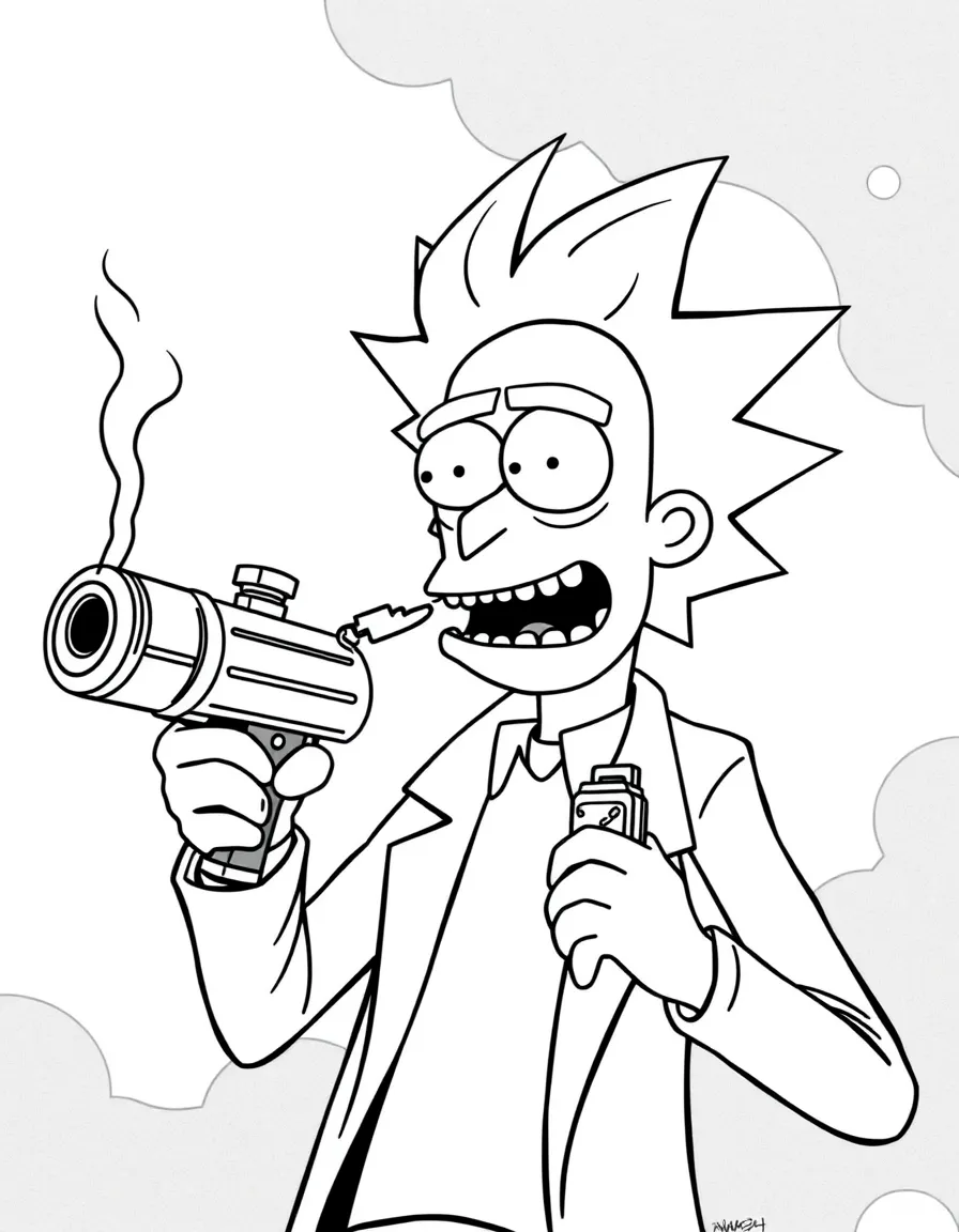Rick Sanchez with portal gun and flask mid-burp