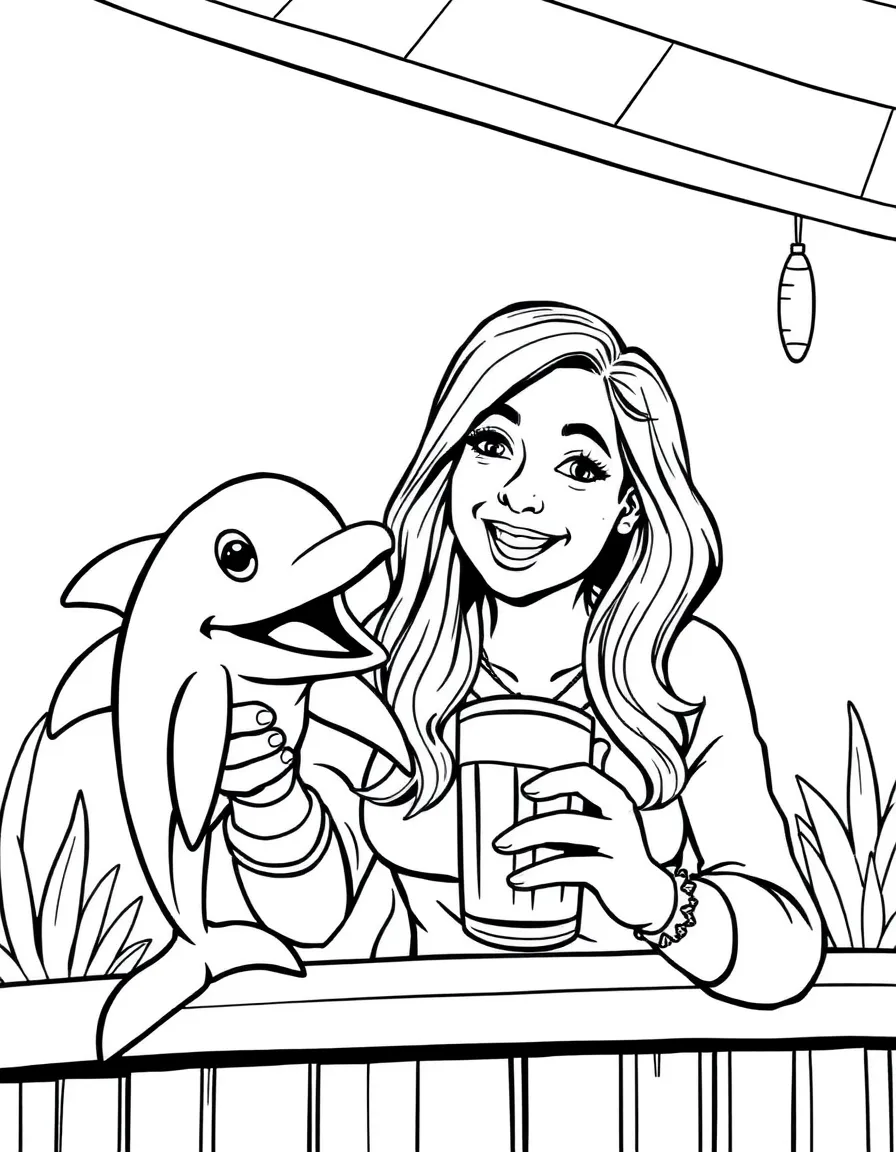 Pam Poovey with her dolphin puppet and beer