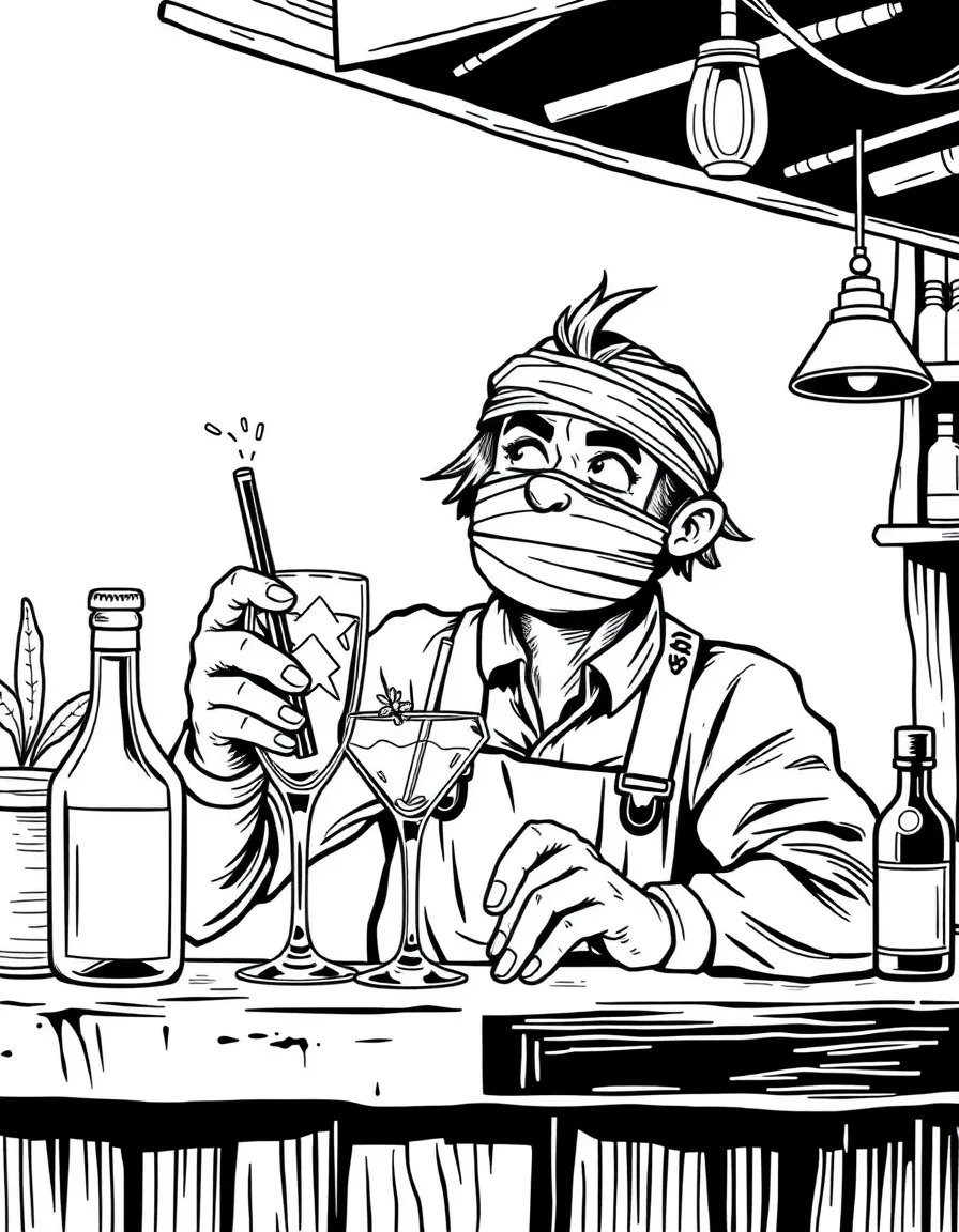 Woodhouse serving drinks with a bandaged face